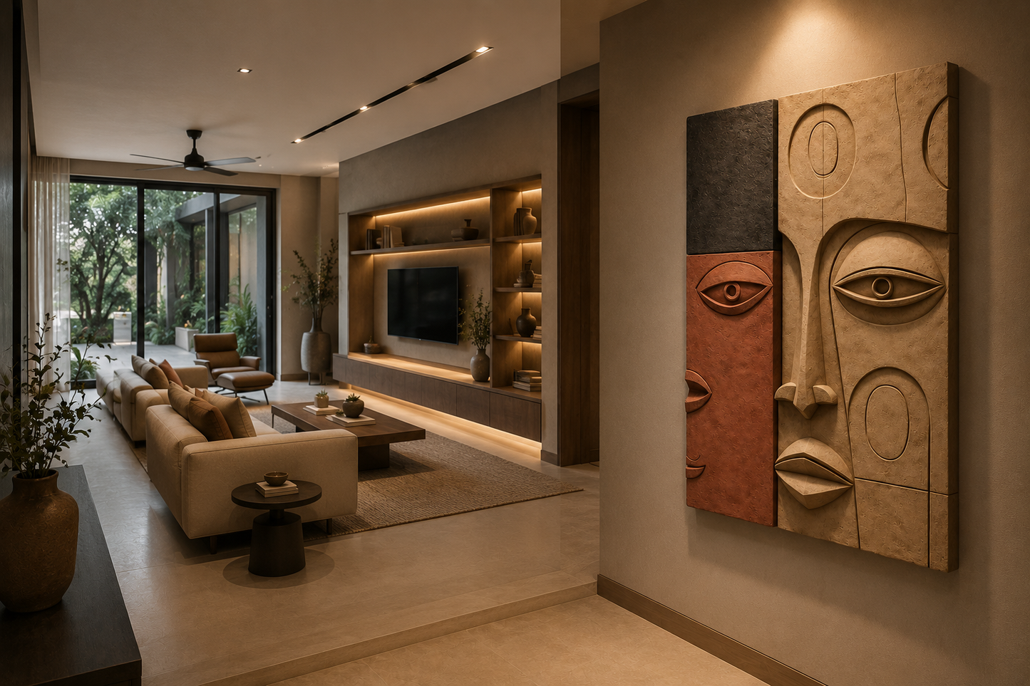 Wooden wall art decor featuring contemporary abstract faces by The Gharnish, showcasing modern design and craftsmanship.