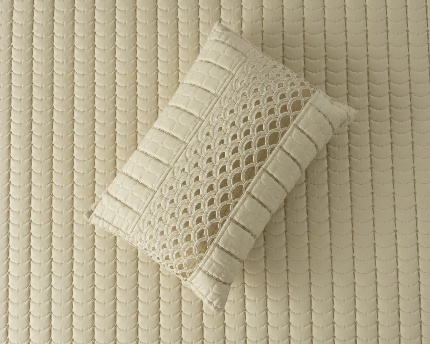 Luxury Serene Wave Stitch bedding set by The Gharnish, includes five pieces of soft, stylish bedding with wave pattern details.