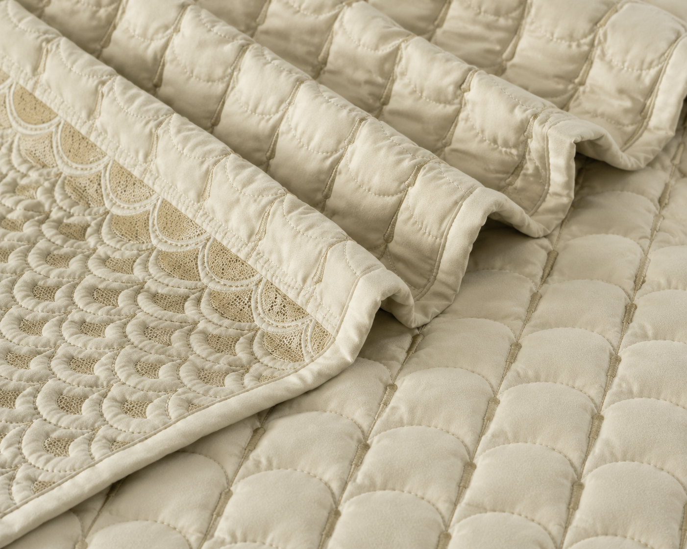 Luxurious Serene Wave Stitch bedding set by The Gharnish featuring a 5-piece design with elegant wave stitch patterns.