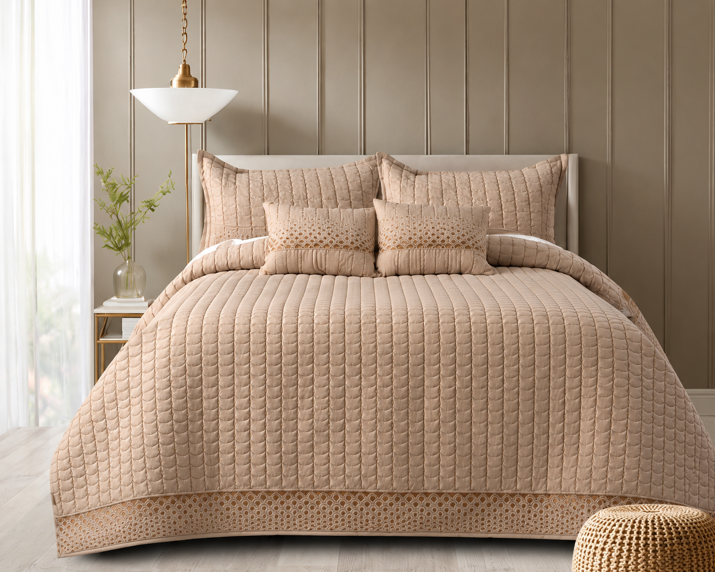 Luxurious Serene Wave Stitch bedding set by The Gharnish, featuring five-piece bedding in soft, elegant fabric with wave pattern design.