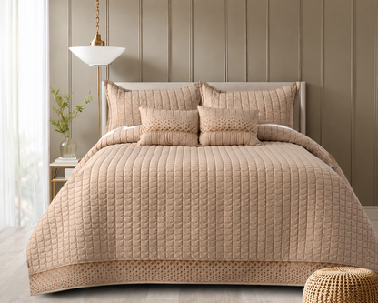 Luxurious Serene Wave Stitch bedding set by The Gharnish, featuring five-piece bedding in soft, elegant fabric with wave pattern design.