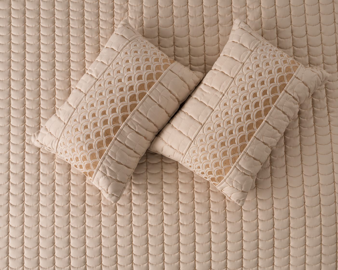 Luxury Serene Wave Stitch bedding set by The Gharnish, 5-piece cotton bedding with wave pattern and elegant stitching.