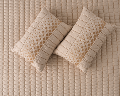 Luxury Serene Wave Stitch bedding set by The Gharnish, 5-piece cotton bedding with wave pattern and elegant stitching.