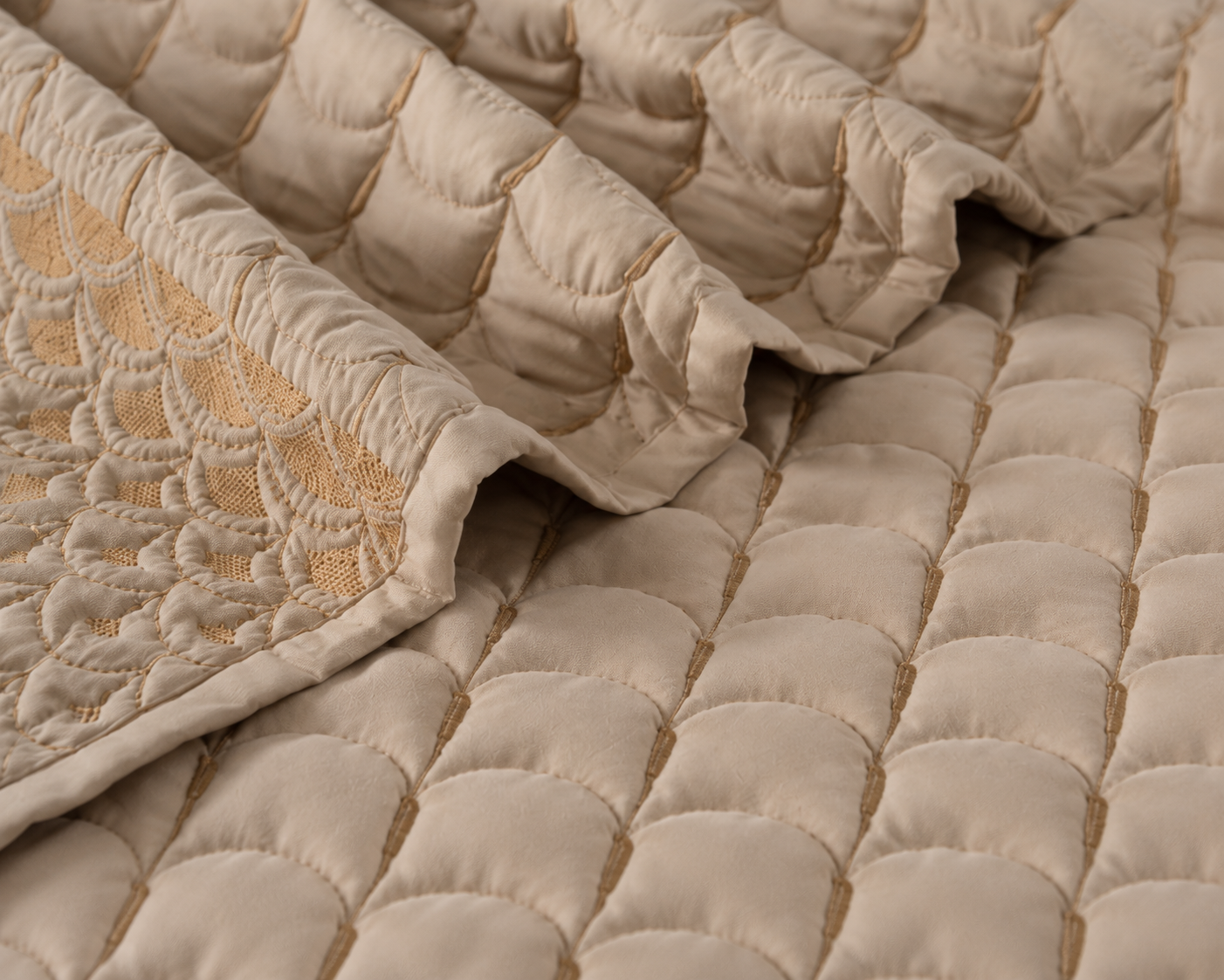 Luxury Serene Wave Stitch 5-piece bedding set by The Gharnish, featuring soft fabric with wave stitch patterns in calming tones.