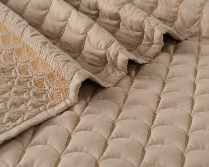 Luxury Serene Wave Stitch 5-piece bedding set by The Gharnish, featuring soft fabric with wave stitch patterns in calming tones.