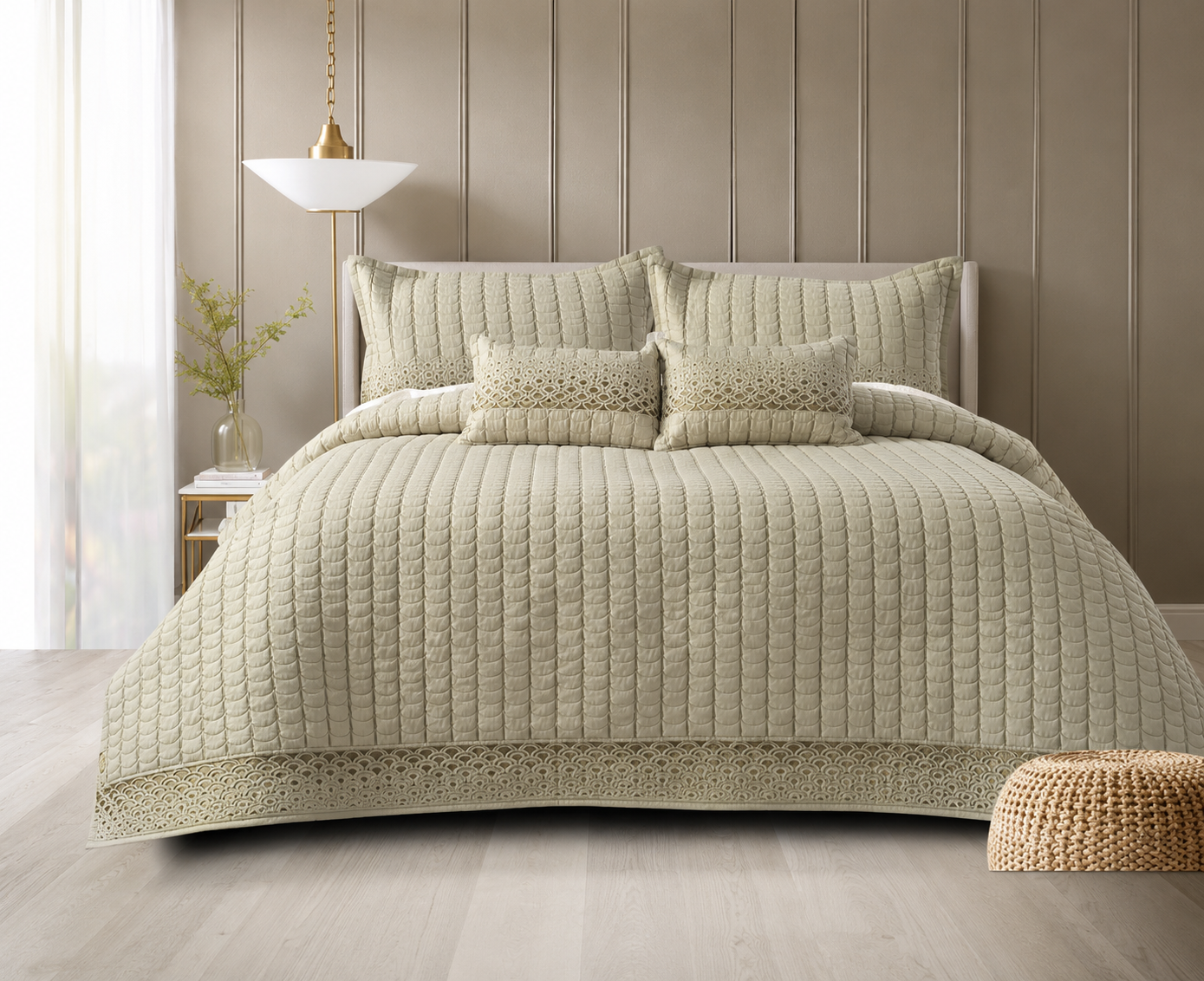 Luxury Serene Wave Stitch bedding set by The Gharnish, featuring five pieces with elegant wave stitch patterns on soft fabric.