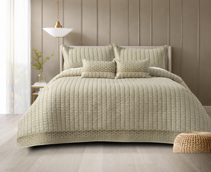 Luxury Serene Wave Stitch bedding set by The Gharnish, featuring five pieces with elegant wave stitch patterns on soft fabric.