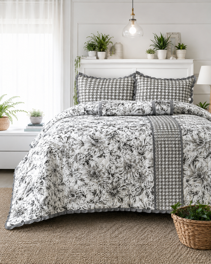 Soft floral bedding set of 3 with quilted bedcover and two matching pillow covers from The Gharnish.