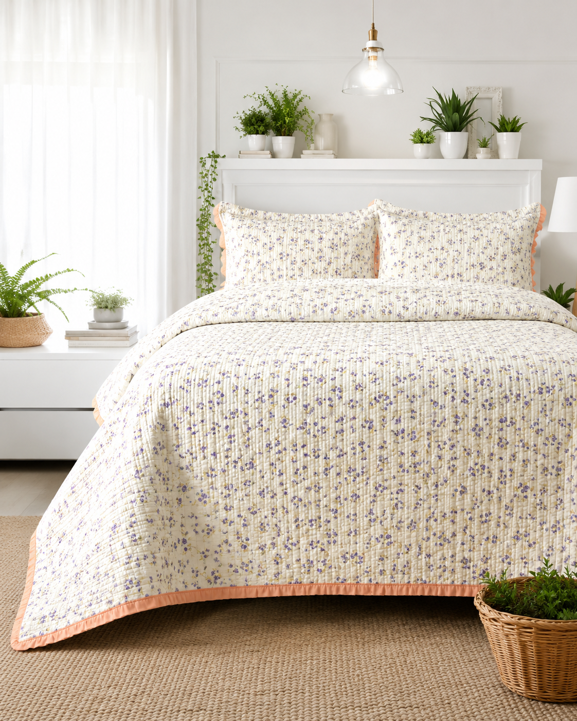 Soft floral bedding set of 3 with quilted bedcover and two matching pillow covers by The Gharnish, perfect for a cozy bedroom look.