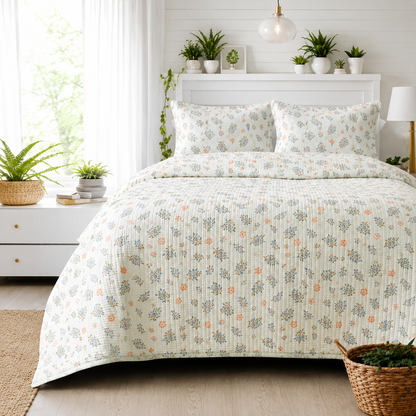 Soft floral bedding set of 3 from The Gharnish featuring a quilted bedcover and two matching pillow covers.