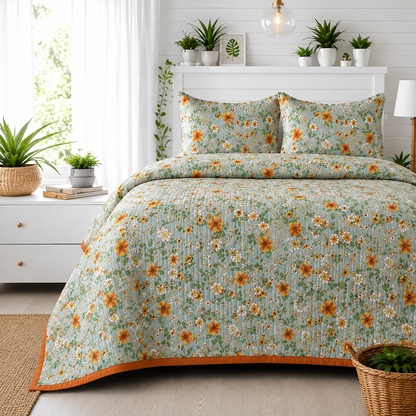 Floral bedding set of 3 for bed, includes soft quilted bedcover and two matching pillow covers, from The Gharnish brand.