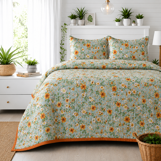 Floral Bedding Set of 3 Pcs – Soft Quilted Bedcover with 2 Matching Pillow Covers