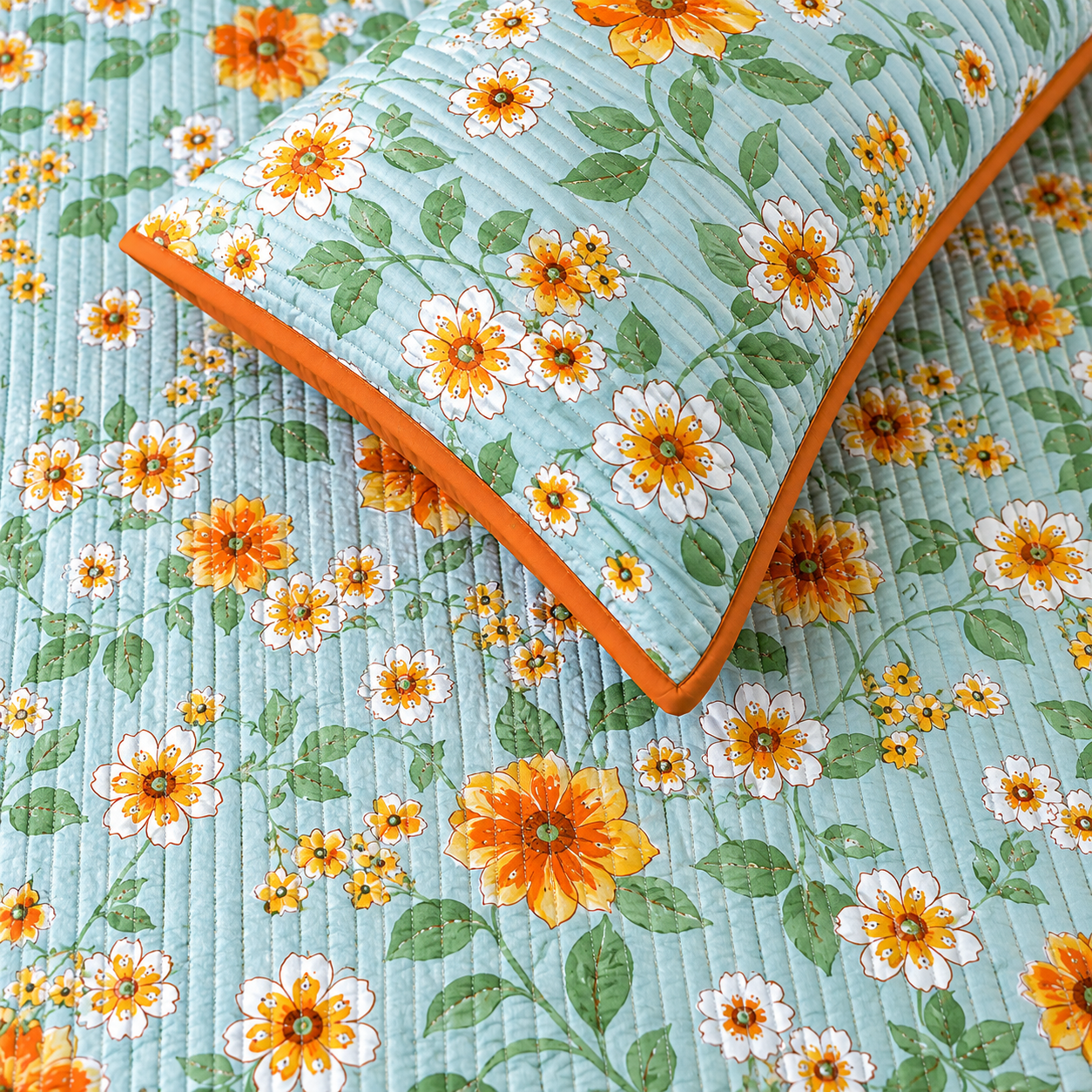 Soft floral bedding set of 3 with quilted bedcover and two matching pillow covers from The Gharnish.