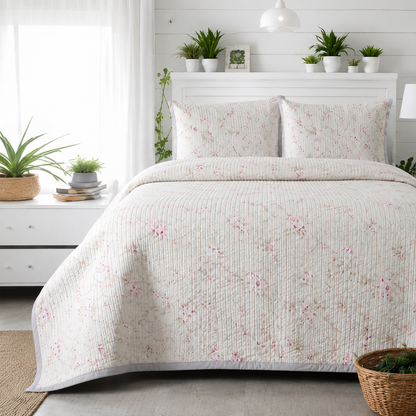 Soft floral bedding set of 3 from The Gharnish featuring a quilted bedcover and two matching pillow covers.