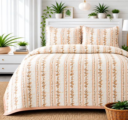 Floral bedding set of 3 with soft quilted bedcover and matching pillow covers by The Gharnish, ideal for a cozy bedroom decor.
