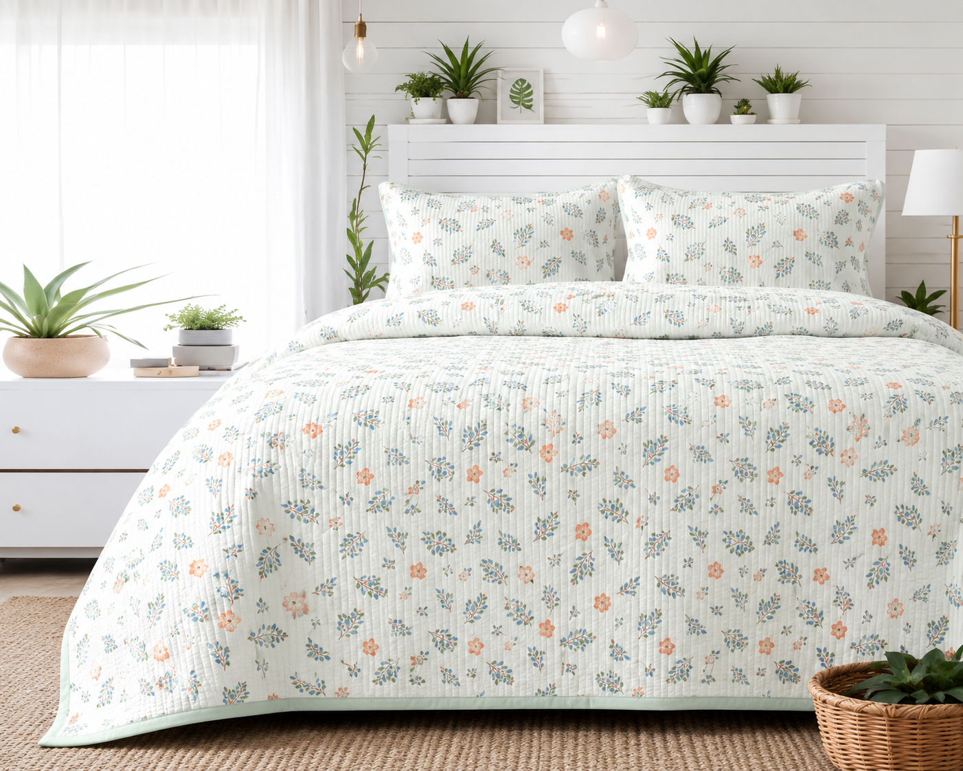 Soft floral bedding set of 3 pieces from The Gharnish, quilted bedcover with matching pillow covers on a bed.