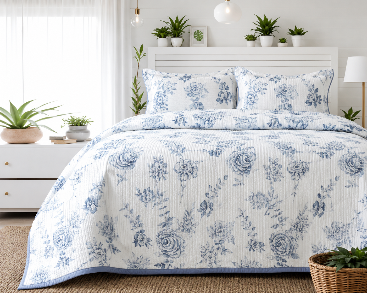 Soft floral bedding set of 3 with quilted bedcover and matching pillow covers from The Gharnish.