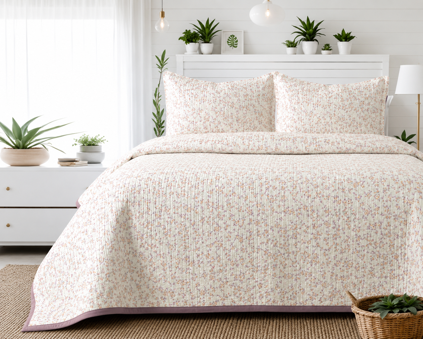 Floral bedding set by The Gharnish featuring a soft quilted bedcover and matching pillow covers in vibrant floral design.