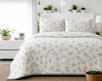 Soft floral bedding set of 3 pieces from The Gharnish, includes quilted bedcover and matching pillow covers.