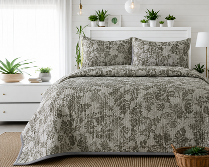 Floral bedding set of 3 with soft quilted bedcover and matching pillow covers by The Gharnish, ideal for a cozy bedroom decor.