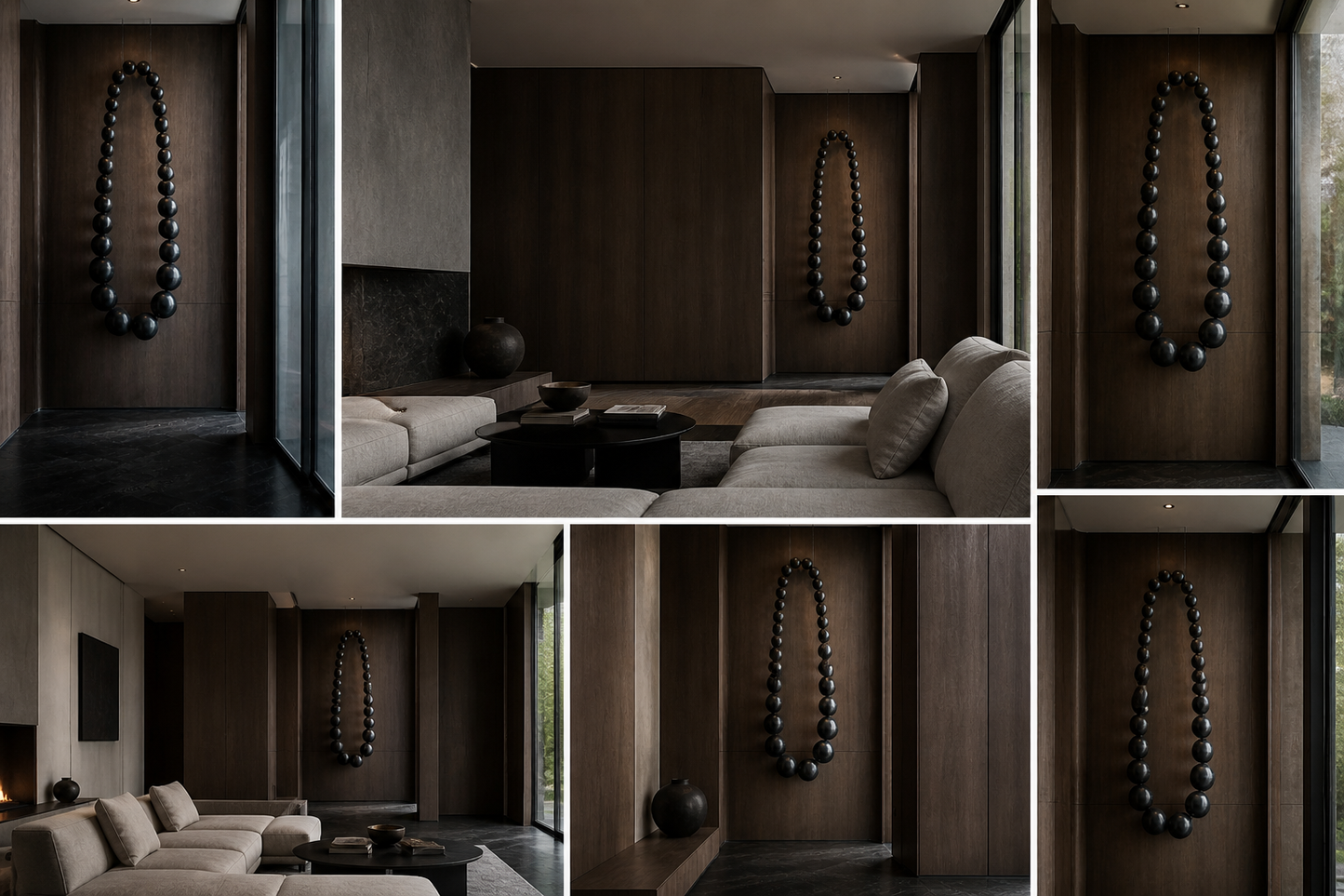 Obsidian bead wall sculpture by The Gharnish, modern wall art with glossy black beads arranged in an elegant abstract design.