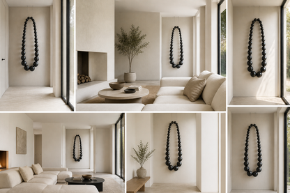 Obsidian Bead Wall Sculpture by The Gharnish, modern wall art featuring glossy black beads arranged in an abstract pattern.