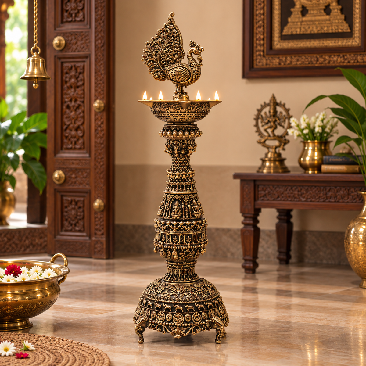 Pair of antique brass peacock diyas, traditional handcrafted deepam for puja, showcasing intricate design and polished finish.