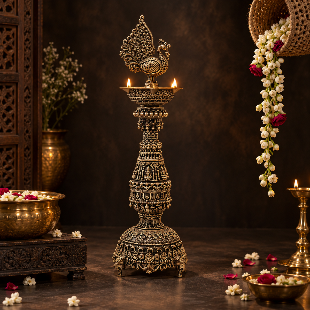 Pair of antique brass peacock diyas, traditional handcrafted deepam for puja, featuring intricate peacock designs in brass.