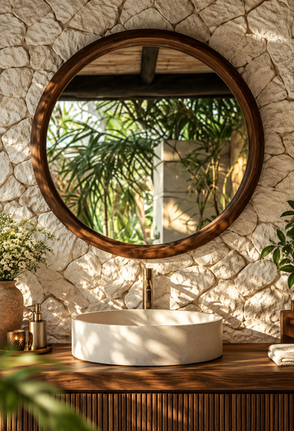 Round Wooden Wall Mirror, Rustic Wood Framed Mirror, Large Boho Mirror, Handmade Decorative Mirror, Farmhouse Vanity Mirror