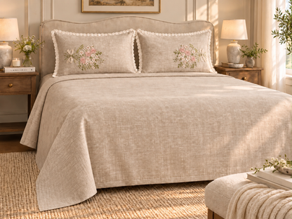 Luxury jacquard king size bedding set by The Gharnish with textured floral cotton feel bedsheets and elegant home decor.