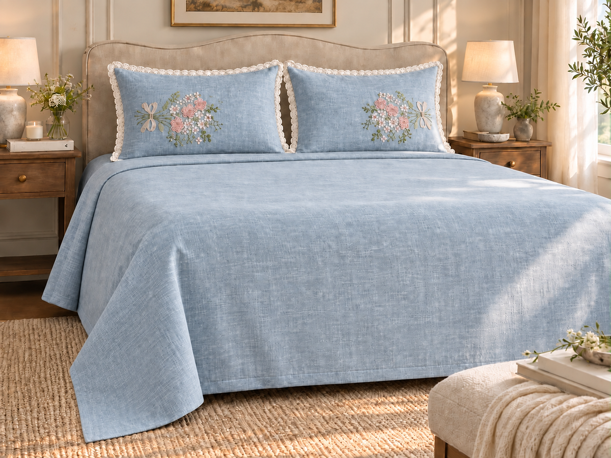 Elegant floral jacquard king size bedding set by The Gharnish with textured cotton feel and luxurious bed sheets for home decor.