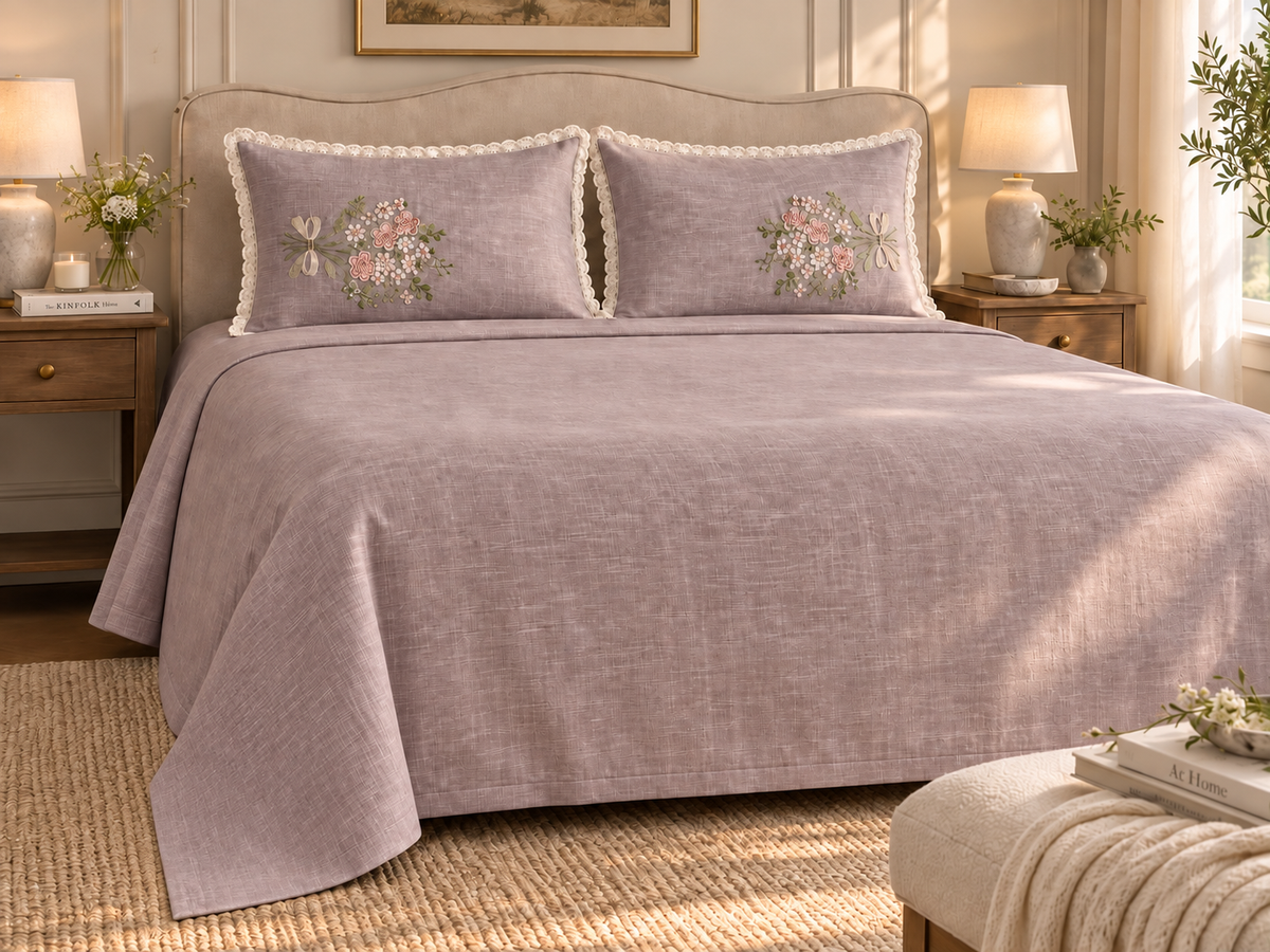 Luxury Jacquard king size bedding set by The Gharnish with textured floral cotton feel bedsheets and elegant home decor.