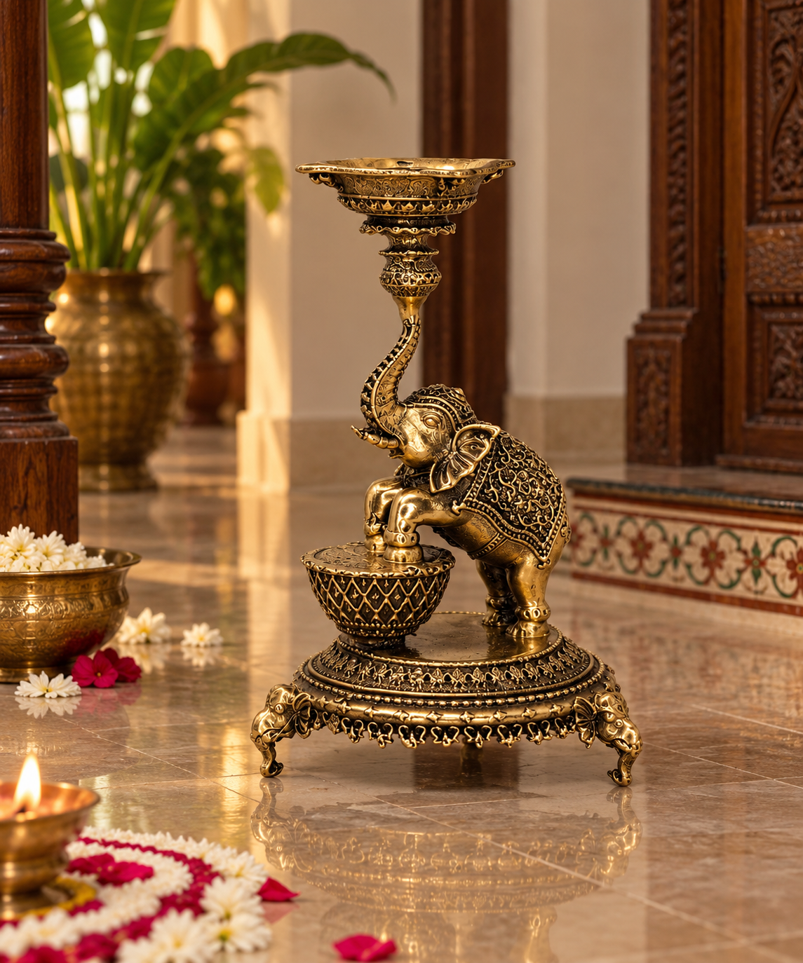 Antique brass elephant diya stand, traditional handcrafted brass pooja item with detailed elephant design for religious ceremonies.