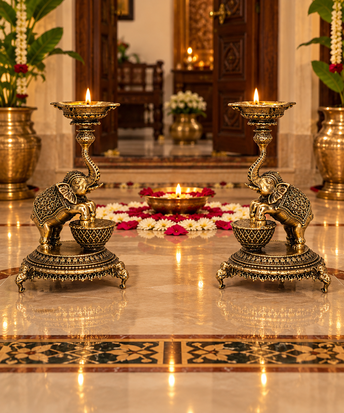 Antique brass elephant diya stand, traditional handcrafted brass pooja item with intricate detailing for religious rituals