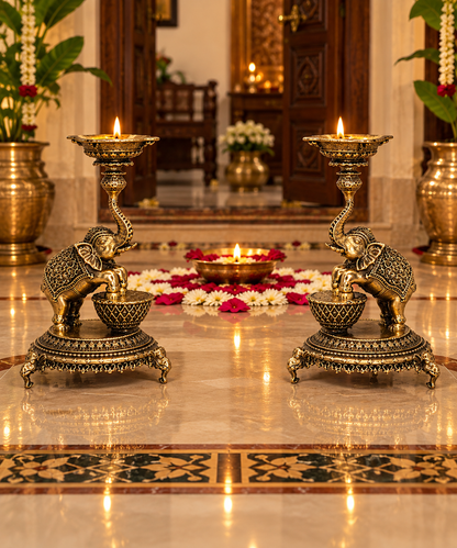 Antique brass elephant diya stand, traditional handcrafted brass pooja item with intricate detailing for religious rituals