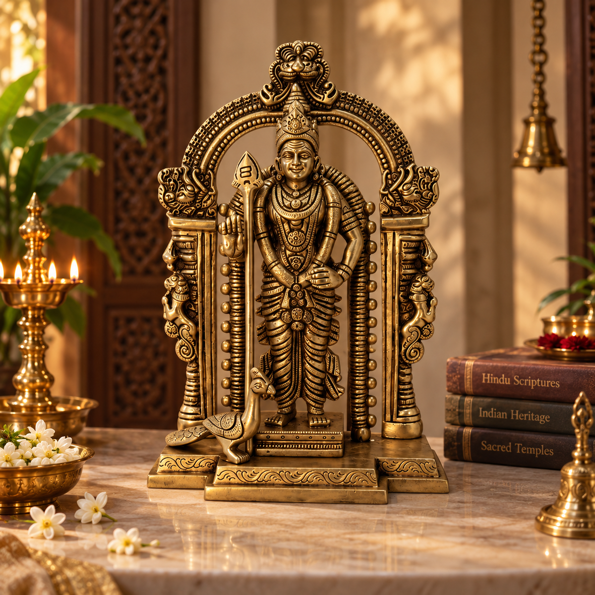 Antique brass Lord Murugan Kartikey Swami idol with ornate Prabhavali, traditional South Indian temple brass pooja item.