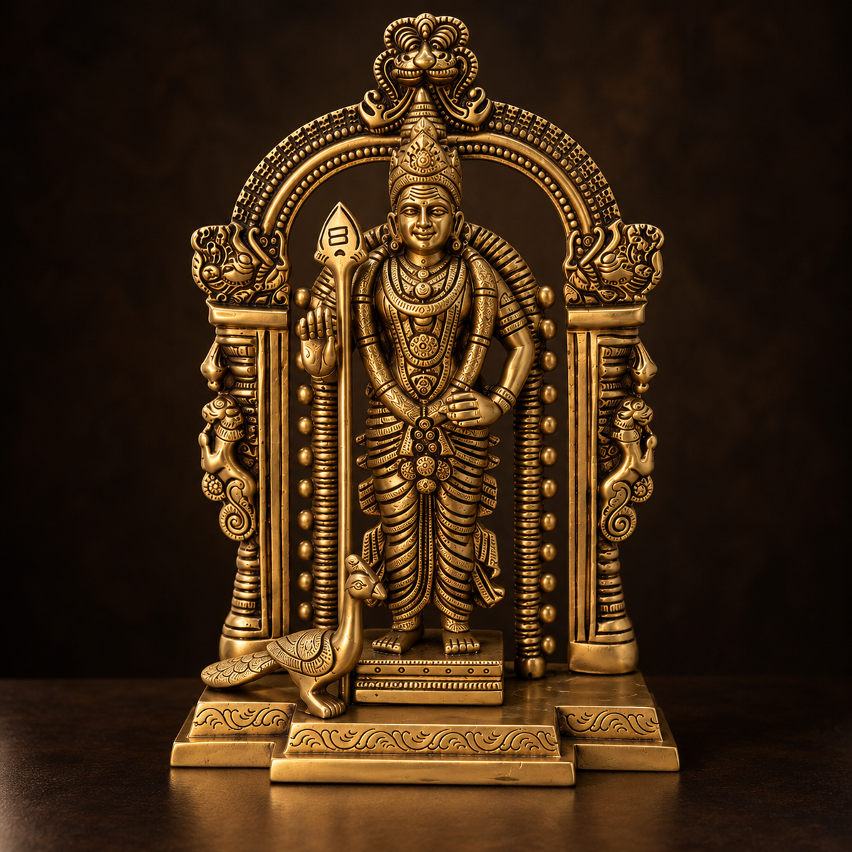 Antique brass Lord Murugan Kartikey Swami temple idol with ornate prabhavali, traditional South Indian brass pooja item.