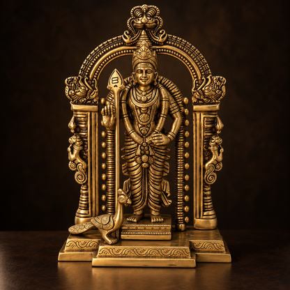 Antique brass Lord Murugan Kartikey Swami temple idol with ornate prabhavali, traditional South Indian brass pooja item.