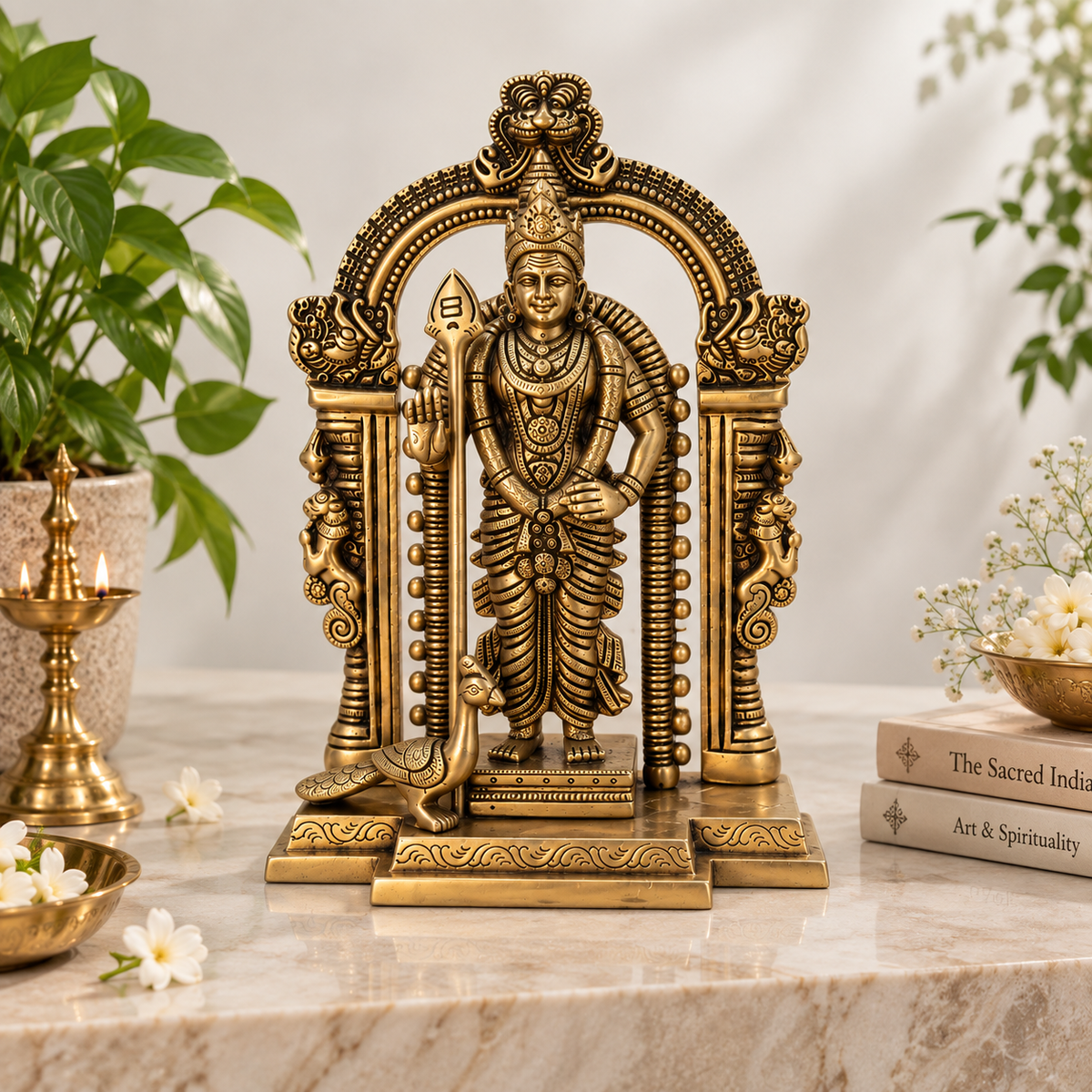 Antique brass Lord Murugan Kartikey Swami temple idol with ornate prabhavali, traditional South Indian brass pooja item, detailed craftsmanship
