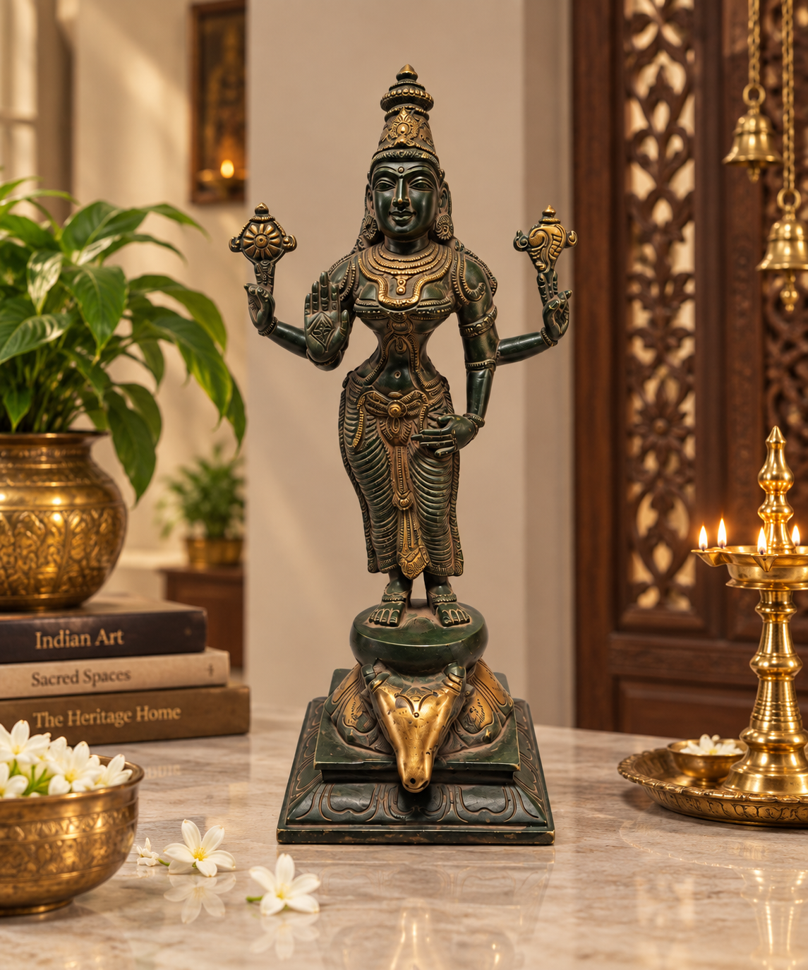 Antique Narayani Durga Devi brass statue with traditional green bronze finish, ideal for Pooja items and spiritual decor.