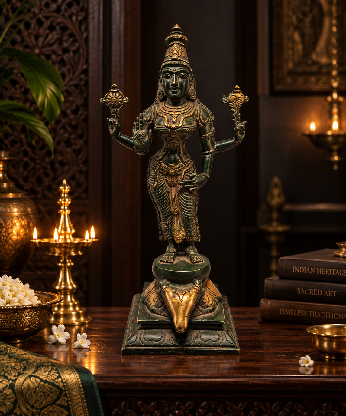 Antique Narayani Durga Devi statue in green bronze finish, traditional brass Pooja item, detailed religious sculpture.