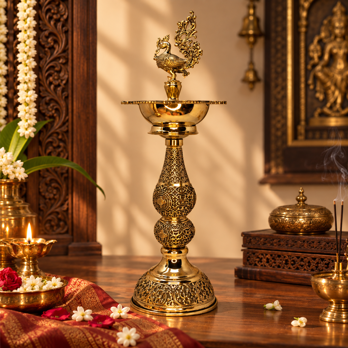 Antique brass traditional peacock Deepam for pooja, decorated with intricate designs, part of brass pooja items from The Gharnish.