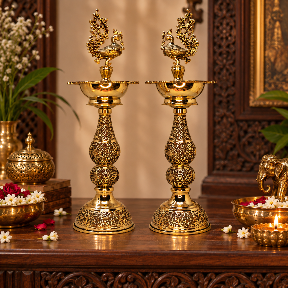 Antique brass decorated traditional peacock-shaped deepam for pooja, crafted by The Gharnish, with intricate design details.