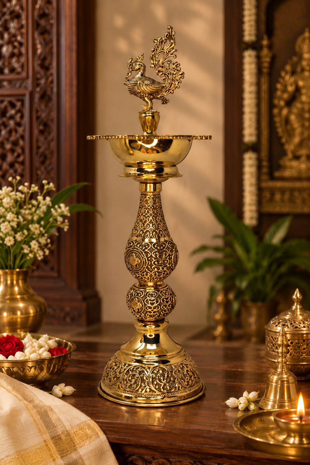 Antique brass decorated traditional peacock deepam, a brass pooja item with intricate design, ideal for religious ceremonies.