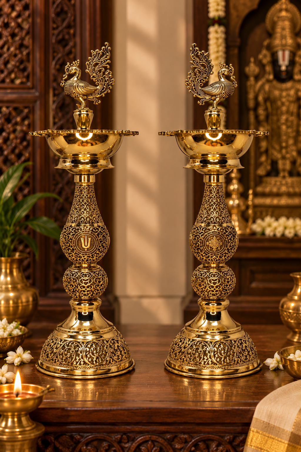 Decorative antique brass peacock deepam for traditional pooja, featuring intricate designs and a tall, elegant peacock shape.