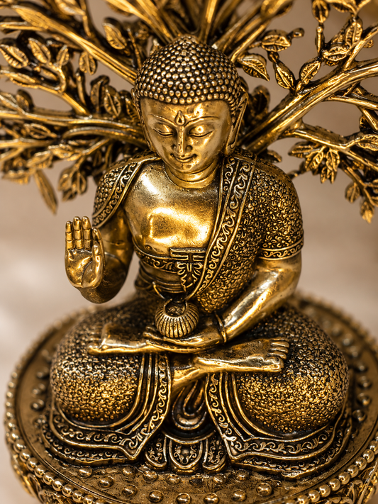Brass Buddha with Kalpataru tree statue, traditional Pooja item from The Gharnish, featuring detailed craftsmanship and religious symbolism.
