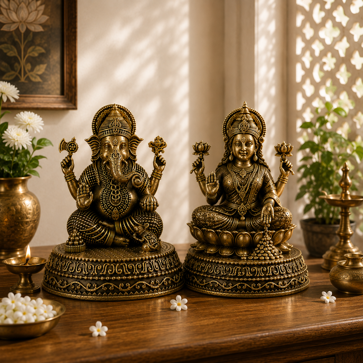 Antique Brass Ganesha & Lakshmi Idol Set – Divine Hindu God Statues for Home Décor & Puja