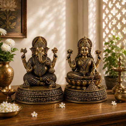 Antique Brass Ganesha & Lakshmi Idol Set – Divine Hindu God Statues for Home Décor & Puja