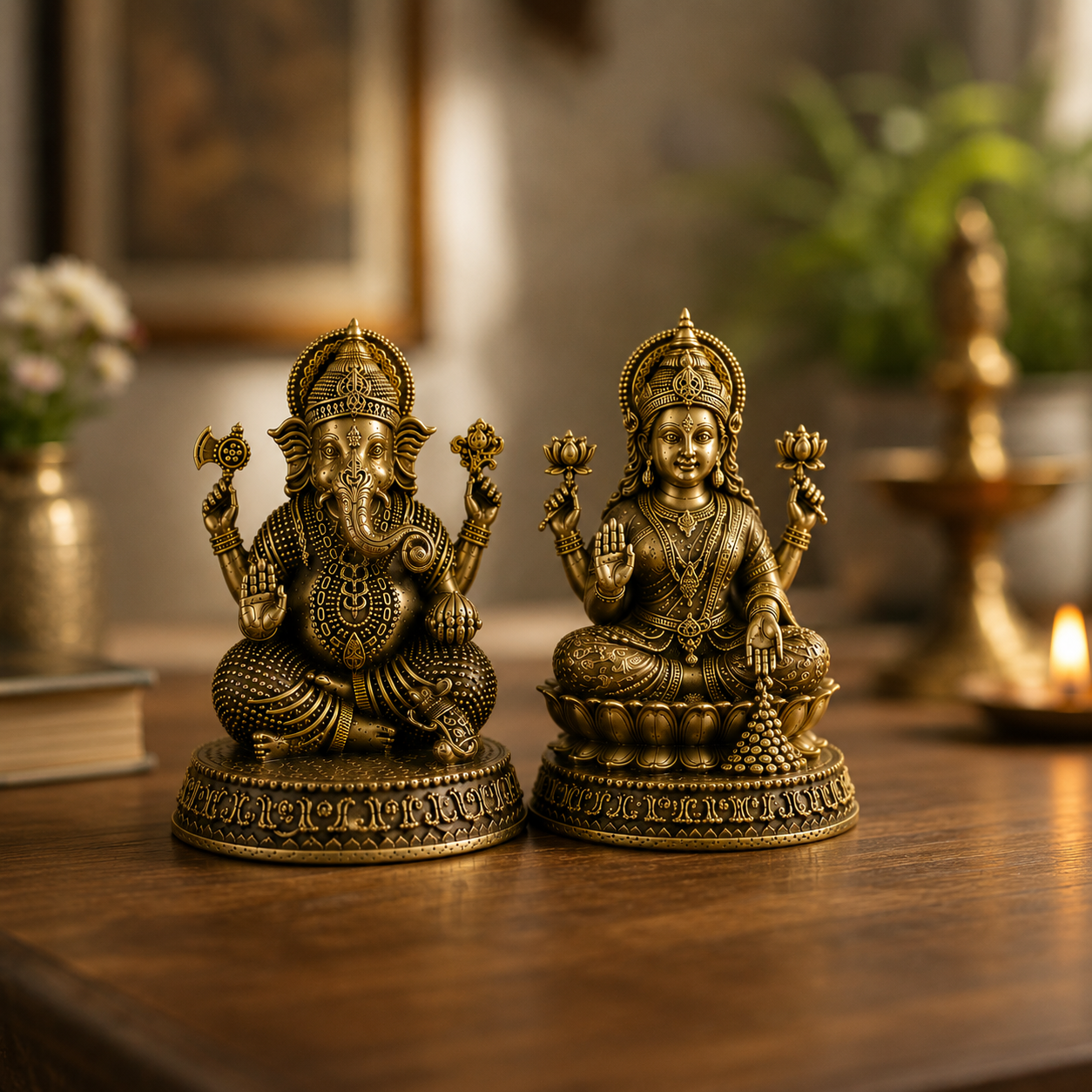 Antique Brass Ganesha & Lakshmi Idol Set – Divine Hindu God Statues for Home Décor & Puja