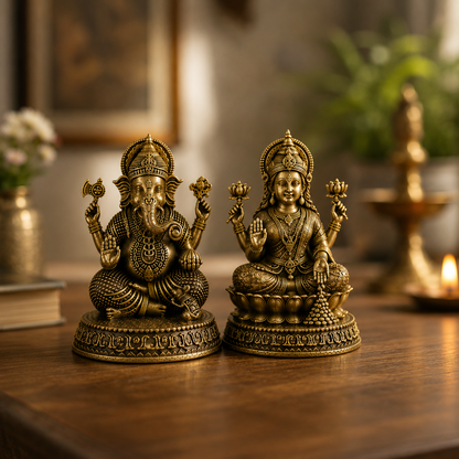 Antique Brass Ganesha & Lakshmi Idol Set – Divine Hindu God Statues for Home Décor & Puja